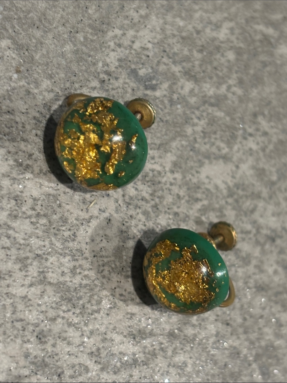Vintage Green and Gold Foil Accent Disc Stud Classic Resin Screwback Earrings